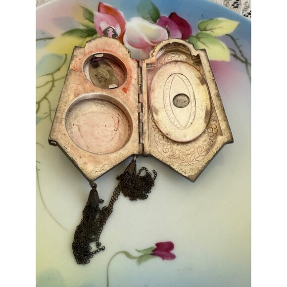 Antique 1910s Compact Coin Purse Silverplate Guilloche Enamel - Picture 4 of 16